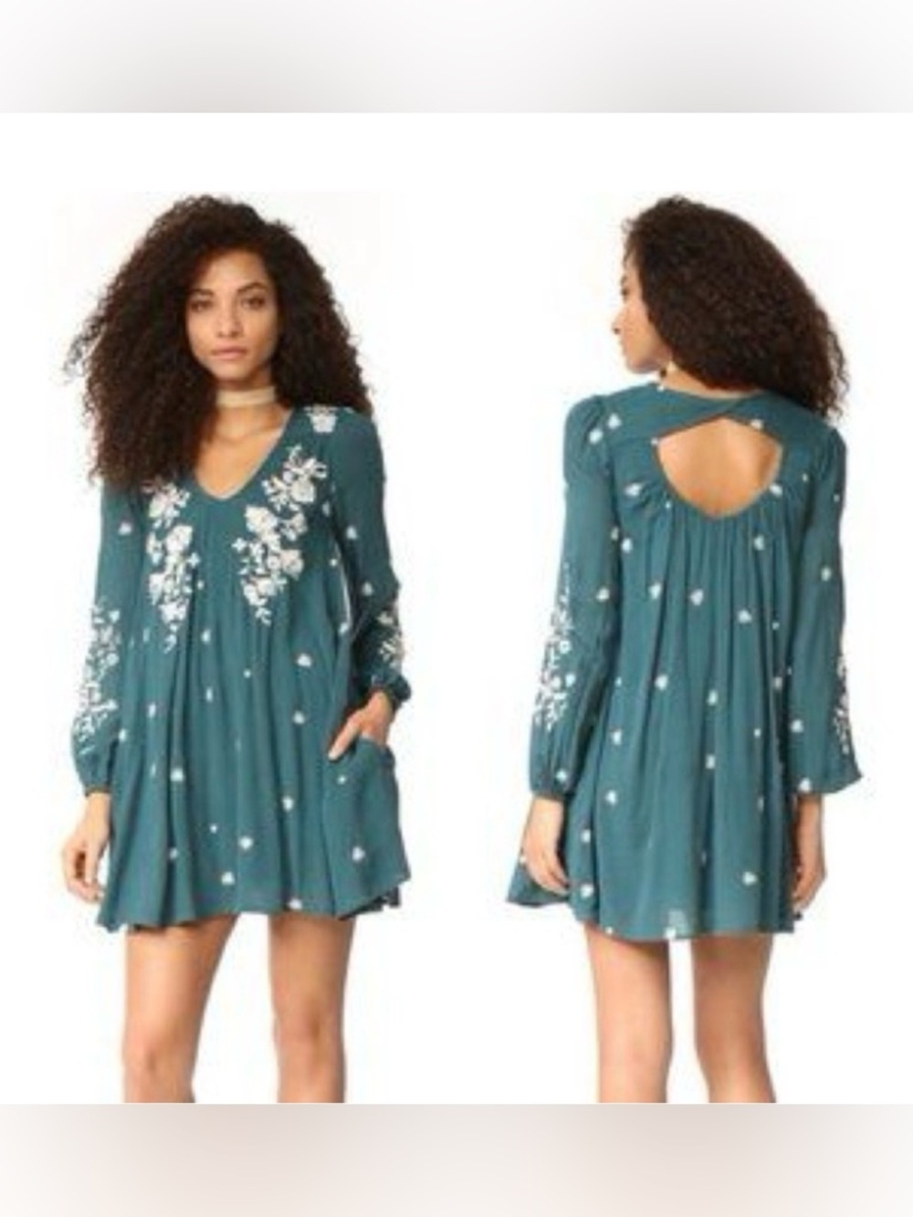 Free People Sweet Tennessee Dress Size M Teal Petrol Blue White Embroidered Boho